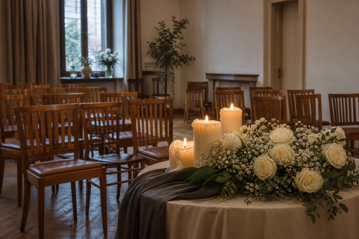 Sala del commiato con candele e composizione floreale bianca