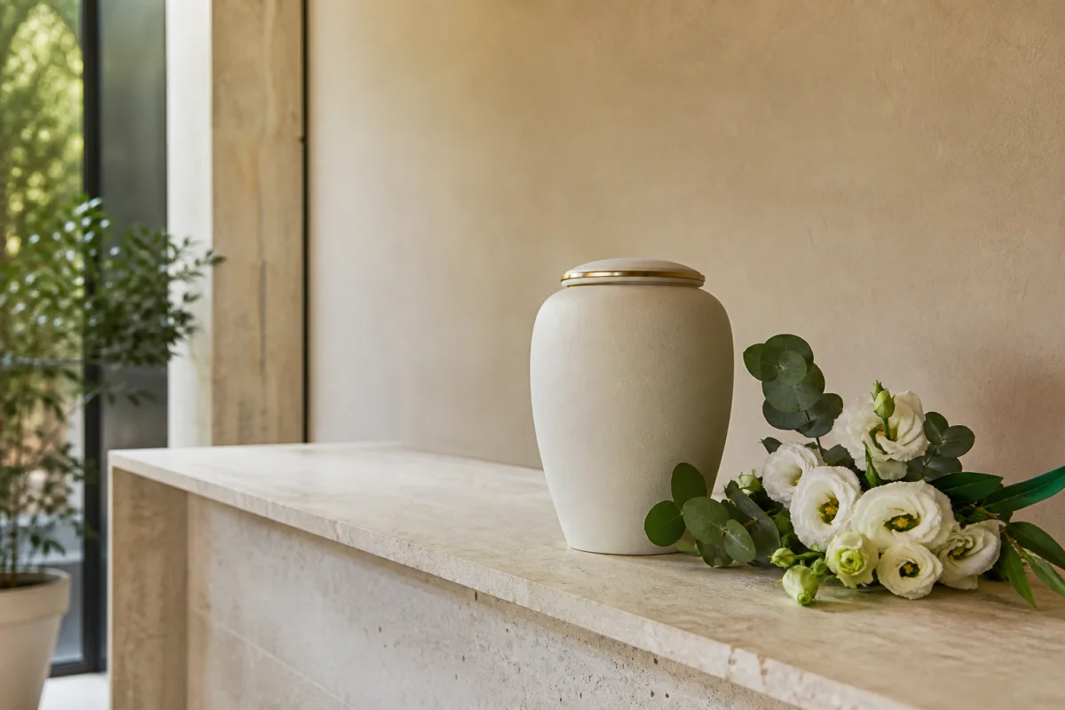 Urna cineraria in ceramica avorio con fiori bianchi in un ambiente raccolto