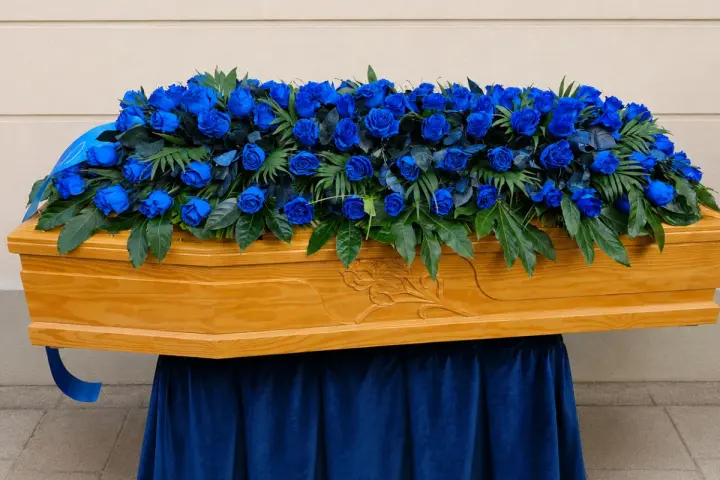Cofano funebre con composizione di rose blu